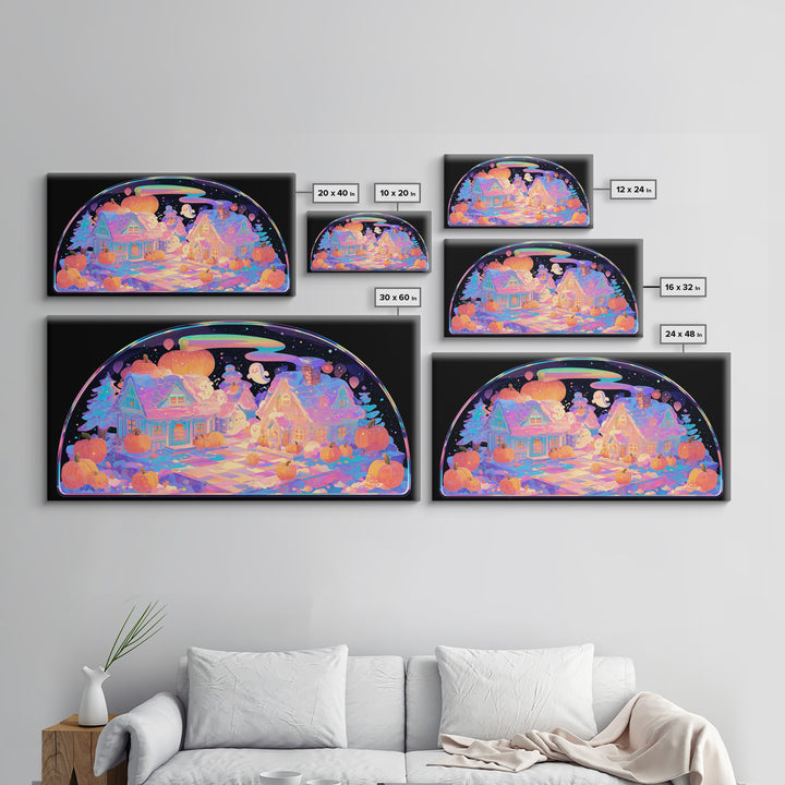 Halloween Inside A Snow Globe, 80s Halloween Wall Art, Wide Panoramic Art, Canvas Print, Retro Halloween Decor, Neon Wall Art