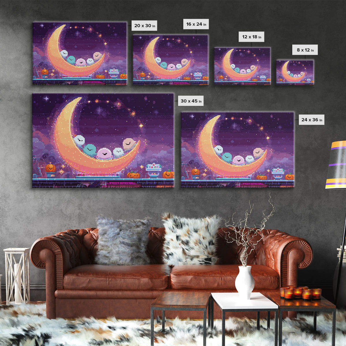 The Tiny Moon Carnival, Vaporwave Halloween Decor, Landscape Wall Art, Framed Canvas Print, Retro Halloween Decor, Neon Wall Art