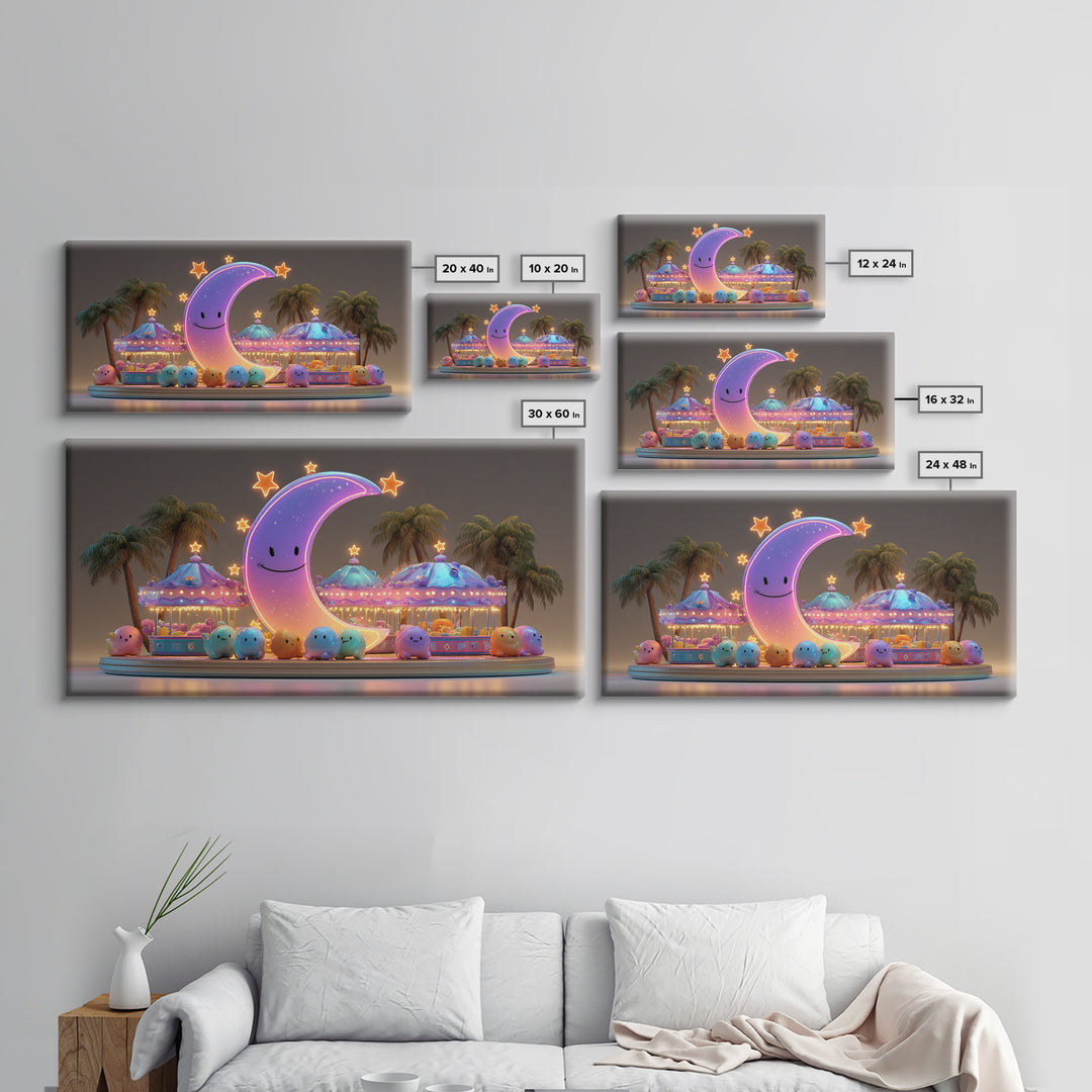 The Tiny Moon Carnival, Retro Neon Halloween Art, Wide Panoramic Art, Framed Canvas Print, Retro Halloween Decor, Neon Wall Art