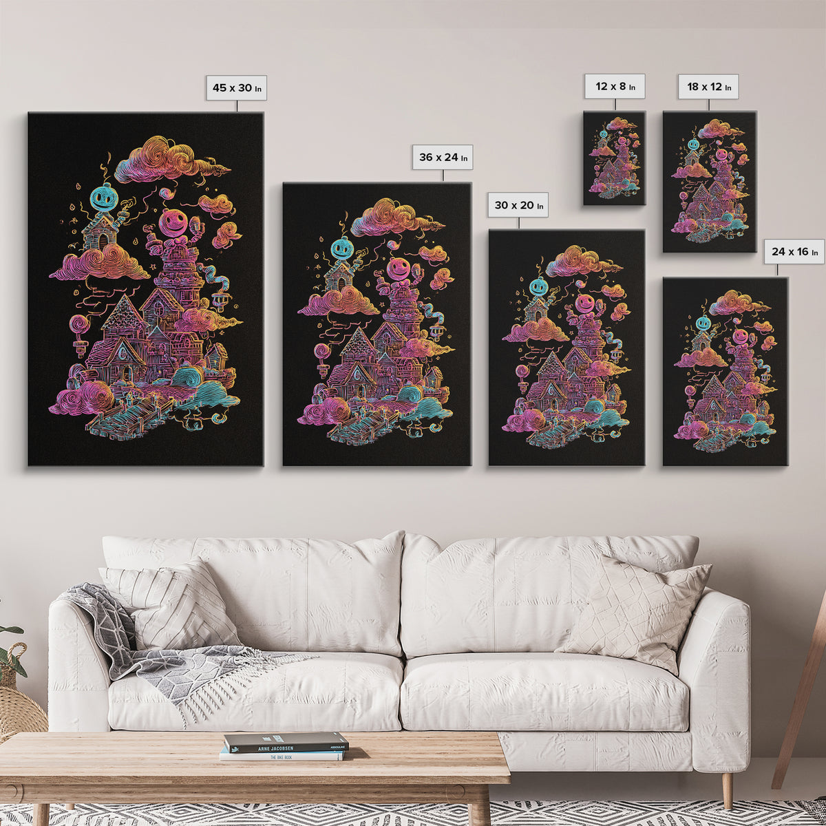 The Upside-Down Candy Kingdom, Vaporwave Halloween Decor, Vertical Wall Art, Canvas Print, Retro Halloween Decor, Neon Wall Art
