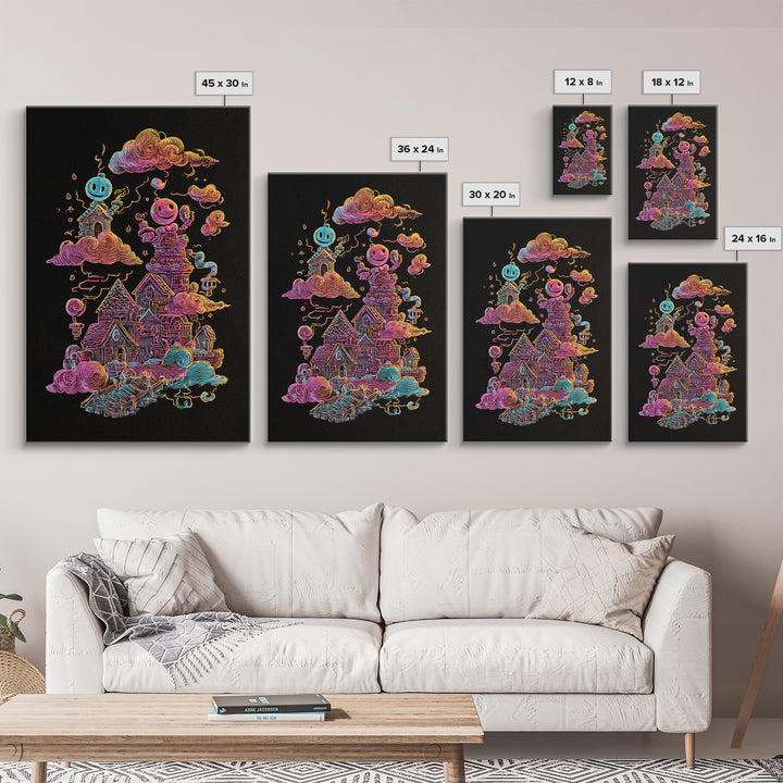 The Upside-Down Candy Kingdom, Vaporwave Halloween Decor, Vertical Wall Art, Canvas Print, Retro Halloween Decor, Neon Wall Art