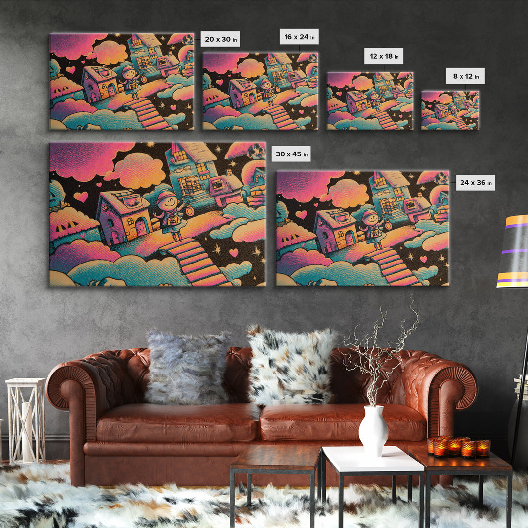 The Upside-Down Candy Kingdom, Synthwave Halloween Art, Landscape Wall Art, Framed Canvas Print, Retro Halloween Decor, Neon Wall Art