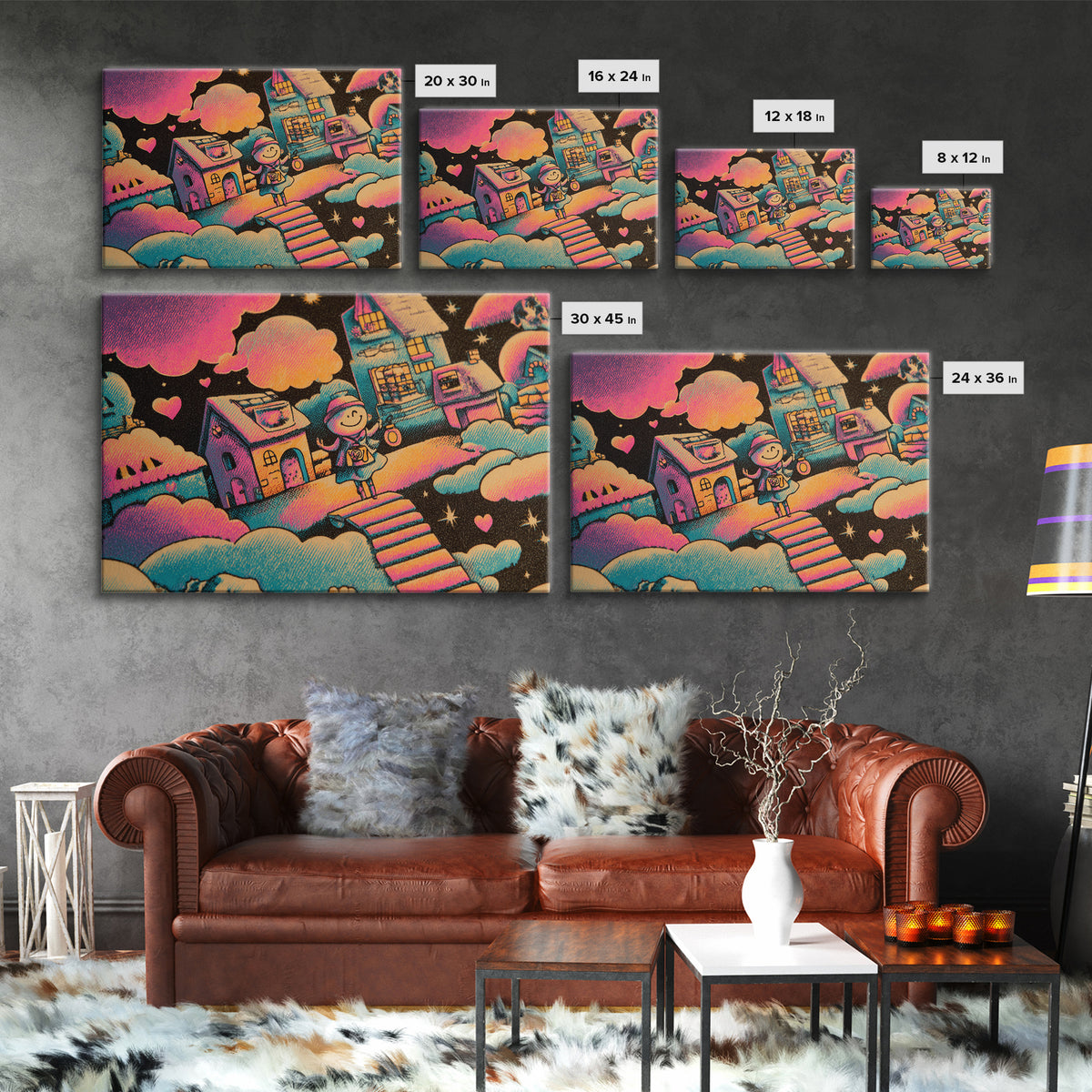 The Upside-Down Candy Kingdom, Synthwave Halloween Art, Landscape Wall Art, Framed Canvas Print, Retro Halloween Decor, Neon Wall Art