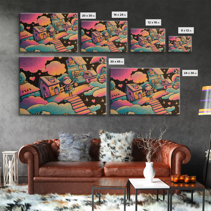 The Upside-Down Candy Kingdom, Synthwave Halloween Art, Landscape Wall Art, Framed Canvas Print, Retro Halloween Decor, Neon Wall Art