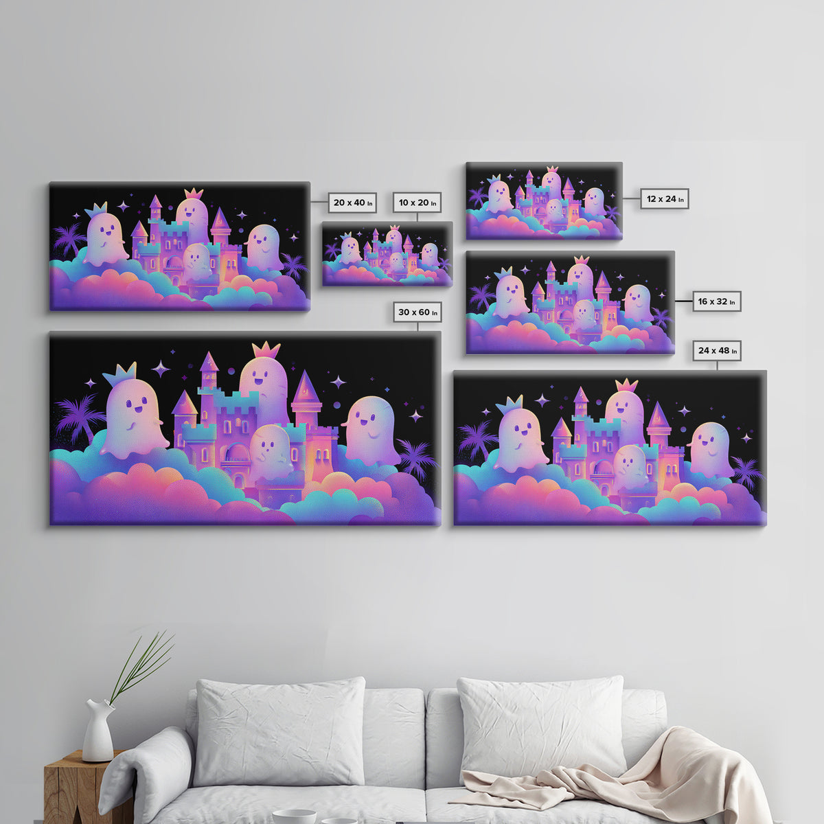 The Halloween Cloud Castle, 80s Halloween Wall Art, Wide Panoramic Art, Framed Canvas Print, Retro Halloween Decor, Neon Wall Art