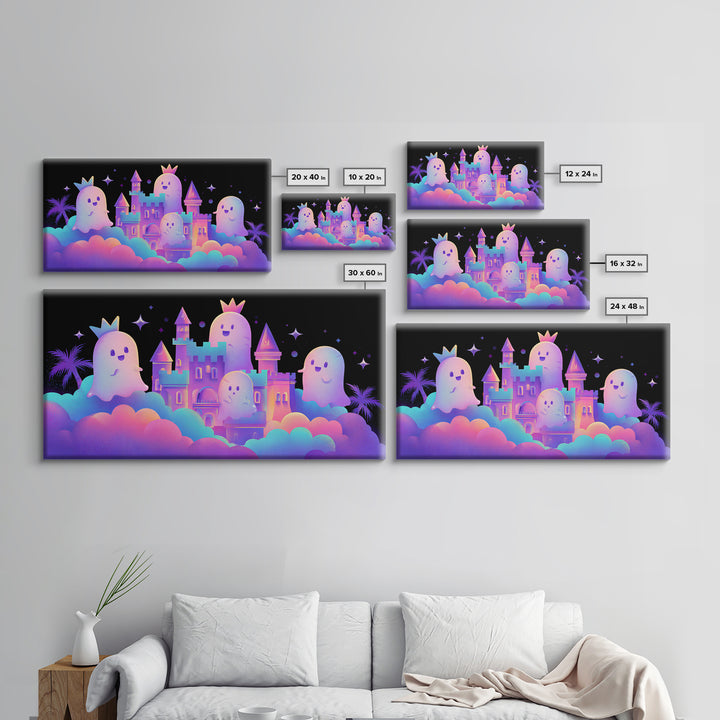 The Halloween Cloud Castle, 80s Halloween Wall Art, Wide Panoramic Art, Framed Canvas Print, Retro Halloween Decor, Neon Wall Art