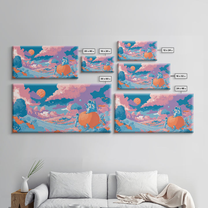 The Pumpkin Moon Expedition, Cute Spooky Neon Art, Wide Panoramic Art, Canvas Print, Retro Halloween Decor, Neon Wall Art, Spooky Wall Decor