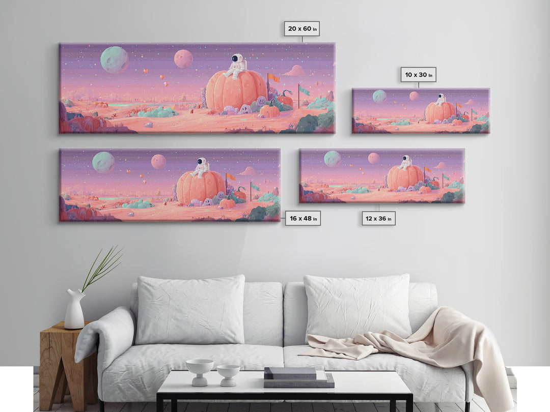 The Pumpkin Moon Expedition, Cute Spooky Neon Art, Extra Wide Wall Art, Framed Canvas Print, Retro Halloween Decor, Neon Wall Art
