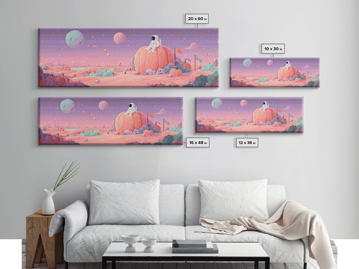 The Pumpkin Moon Expedition, Cute Spooky Neon Art, Extra Wide Wall Art, Framed Canvas Print, Retro Halloween Decor, Neon Wall Art