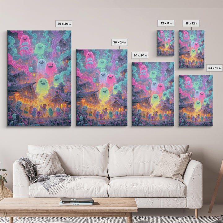 The Ghost Balloon City, Retro Neon Halloween Art, Vertical Wall Art, Framed Canvas Print, Retro Halloween Decor, Neon Wall Art