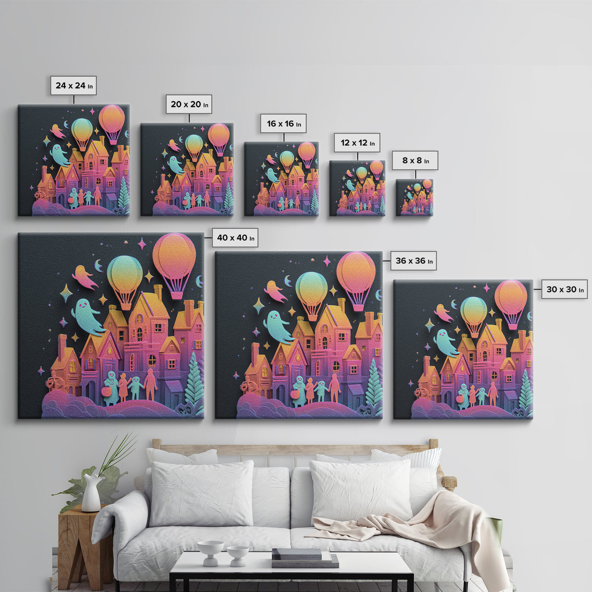 The Ghost Balloon City, Cute Spooky Neon Art, Square Wall Art, Canvas Print, Retro Halloween Decor, Neon Wall Art, Horror Wall Art