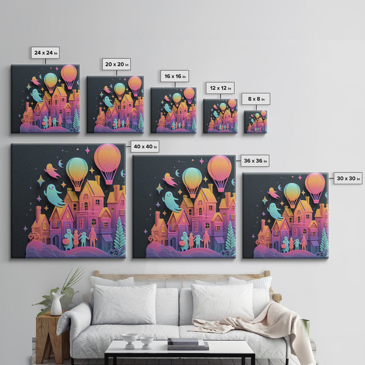 The Ghost Balloon City, Cute Spooky Neon Art, Square Wall Art, Canvas Print, Retro Halloween Decor, Neon Wall Art, Horror Wall Art