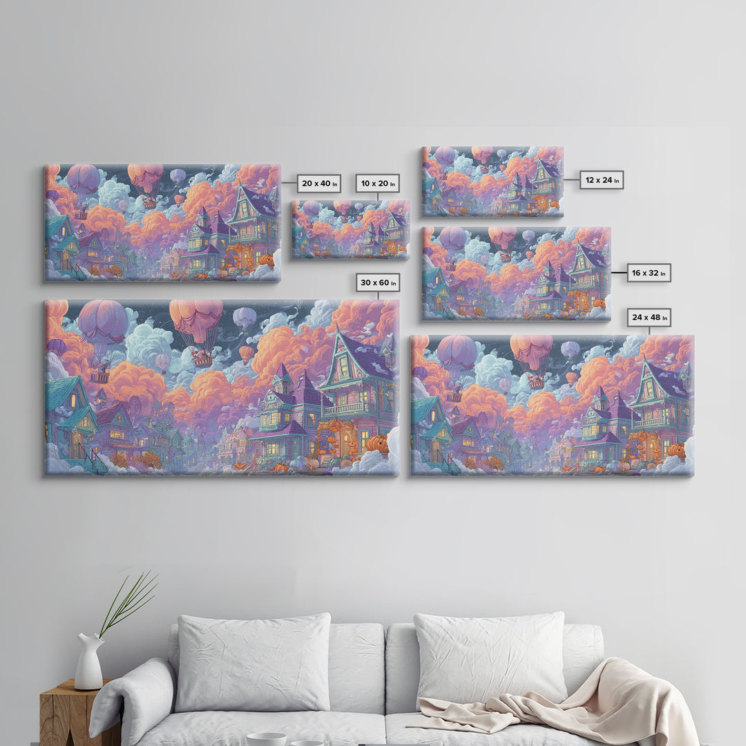 The Ghost Balloon City, Synthwave Halloween Art, Wide Panoramic Art, Framed Canvas Print, Retro Halloween Decor, Neon Wall Art