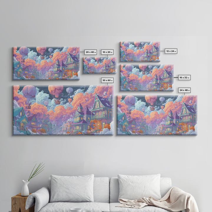 The Ghost Balloon City, Synthwave Halloween Art, Wide Panoramic Art, Framed Canvas Print, Retro Halloween Decor, Neon Wall Art