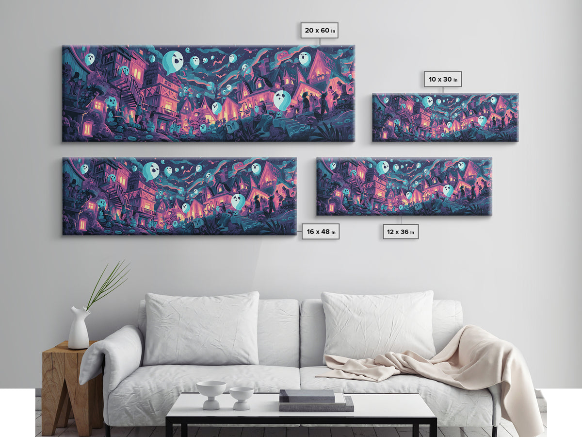 The Ghost Balloon City, Synthwave Halloween Art, Extra Wide Wall Art, Canvas Print, Retro Halloween Decor, Neon Wall Art, Statement Wall Art