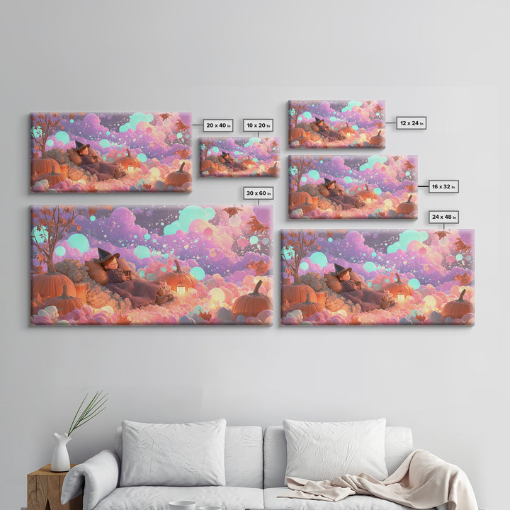 The Candy Comet Adventure, Synthwave Halloween Art, Wide Panoramic Art, Framed Canvas Print, Retro Halloween Decor, Neon Wall Art