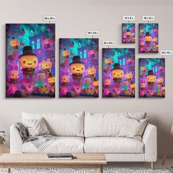 The Halloween Toy Kingdom, Cute Spooky Neon Art, Vertical Wall Art, Framed Canvas Print, Retro Halloween Decor, Neon Wall Art