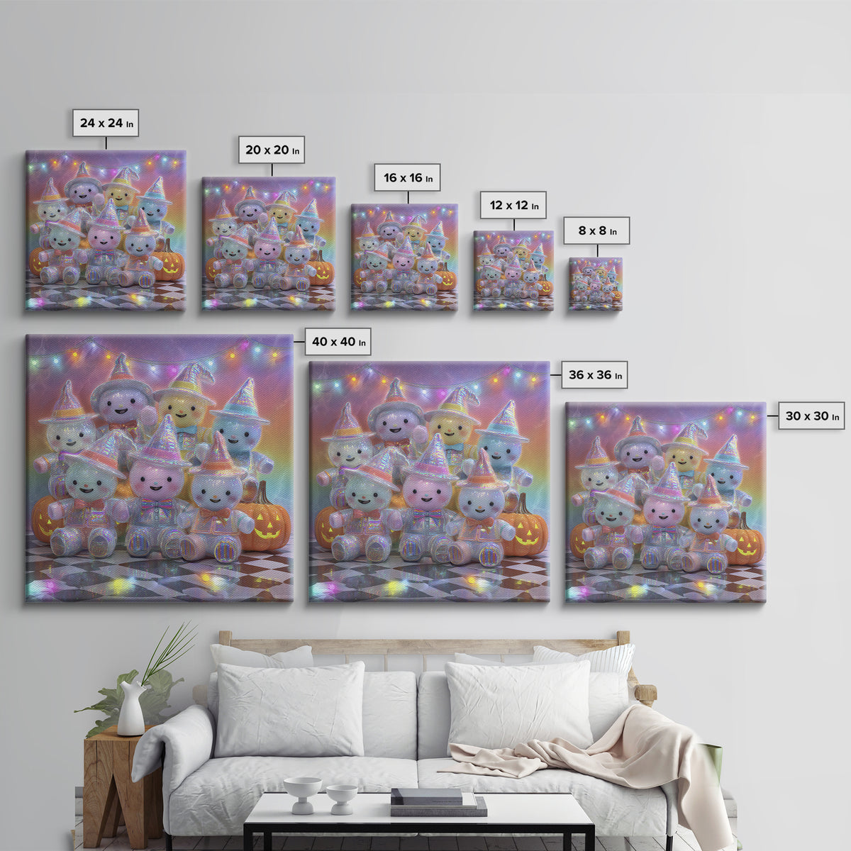 The Halloween Toy Kingdom, Cute Spooky Neon Art, Square Wall Art, Framed Canvas Print, Retro Halloween Decor, Neon Wall Art