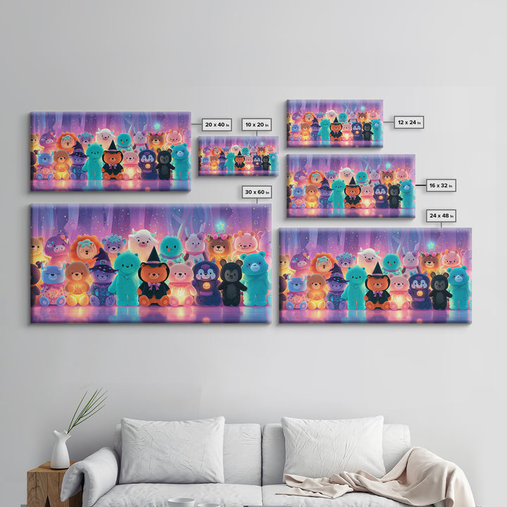 The Halloween Toy Kingdom, Vaporwave Halloween Decor, Wide Panoramic Art, Framed Canvas Print, Retro Halloween Decor, Neon Wall Art