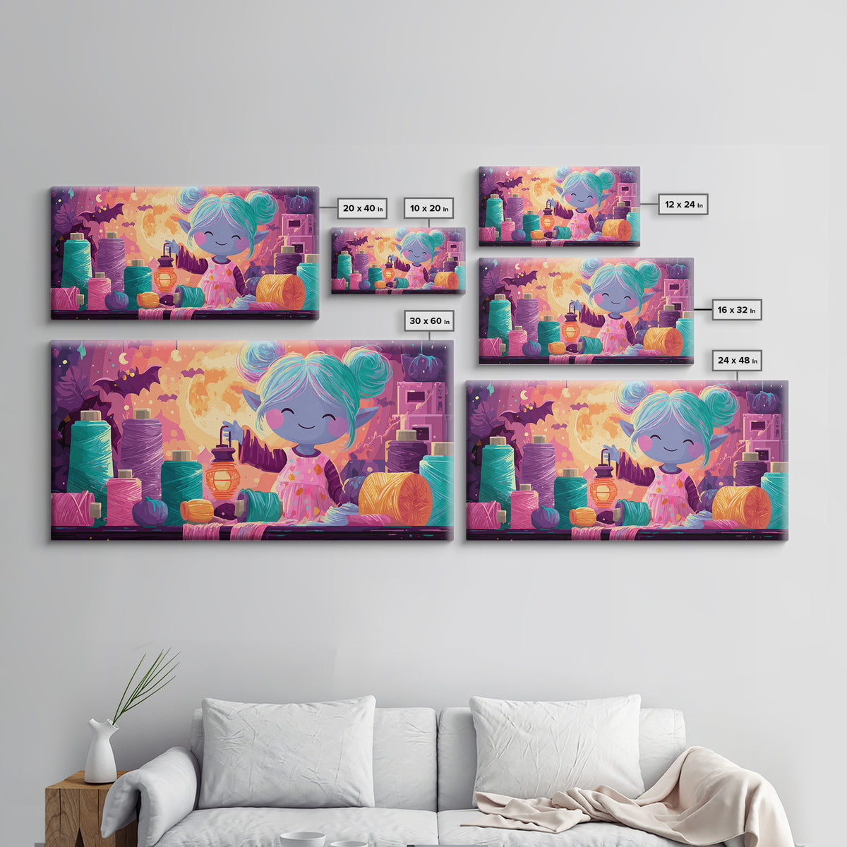 The Magical Costume Workshop, 80s Halloween Wall Art, Wide Panoramic Art, Framed Canvas Print, Retro Halloween Decor, Neon Wall Art