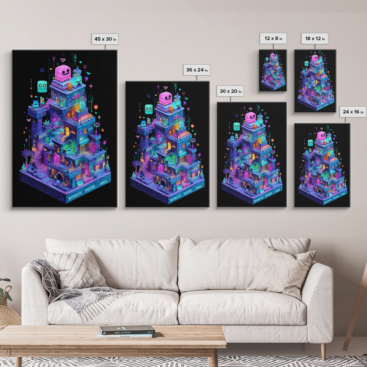 The Great Monster Pajama Party, Retro Neon Halloween Art, Vertical Wall Art, Framed Canvas Print, Retro Halloween Decor, Neon Wall Art