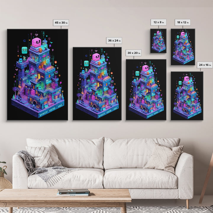 The Great Monster Pajama Party, Retro Neon Halloween Art, Vertical Wall Art, Framed Canvas Print, Retro Halloween Decor, Neon Wall Art