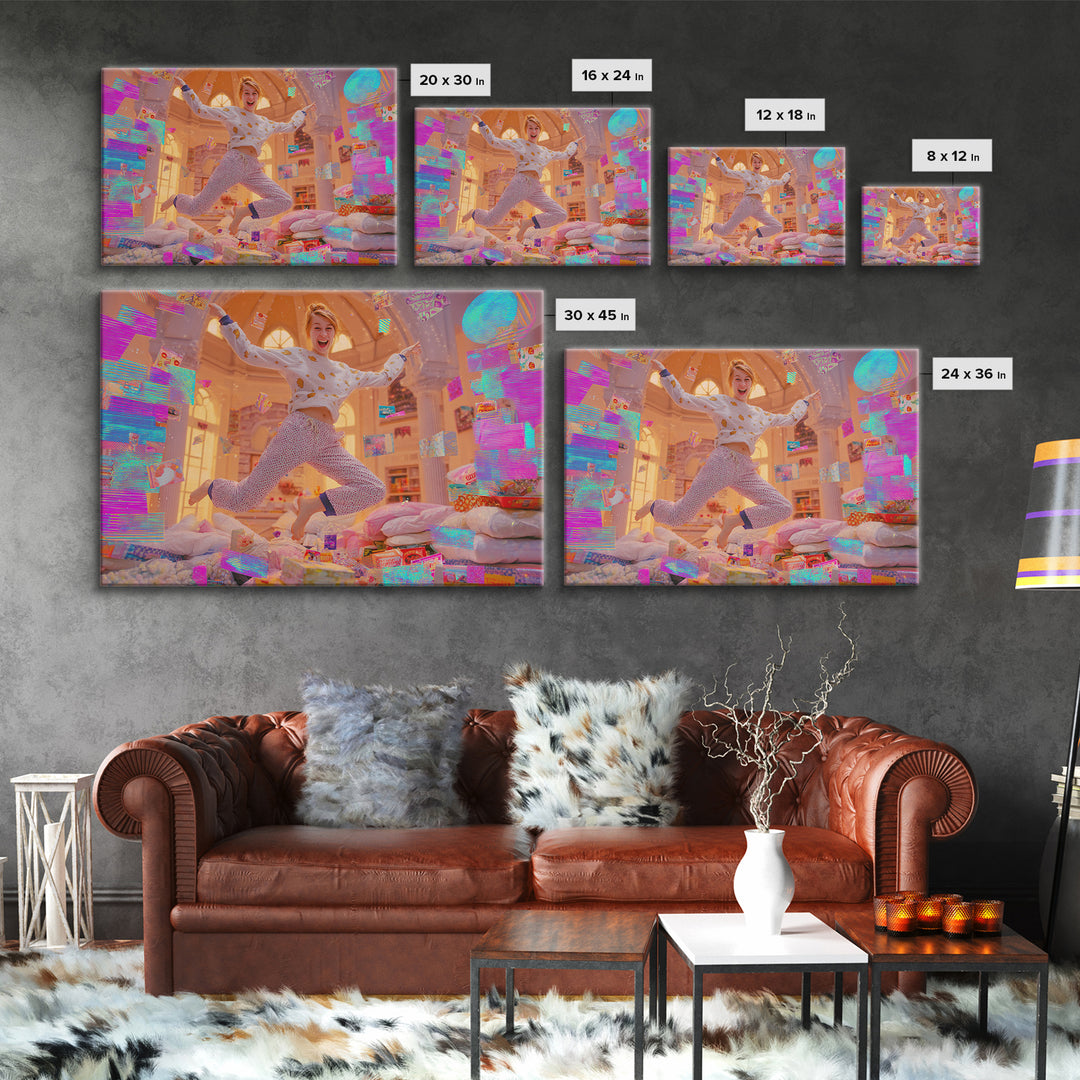 The Great Monster Pajama Party, Cute Spooky Neon Art, Landscape Wall Art, Framed Canvas Print, Retro Halloween Decor, Neon Wall Art