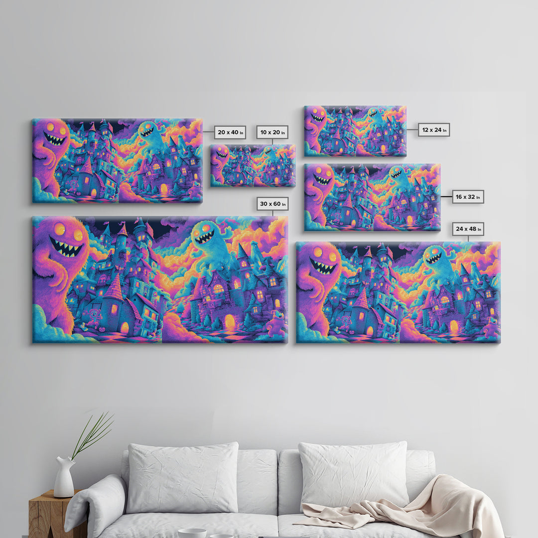 The Great Monster Pajama Party, Cute Spooky Neon Art, Wide Panoramic Art, Framed Canvas Print, Retro Halloween Decor, Neon Wall Art