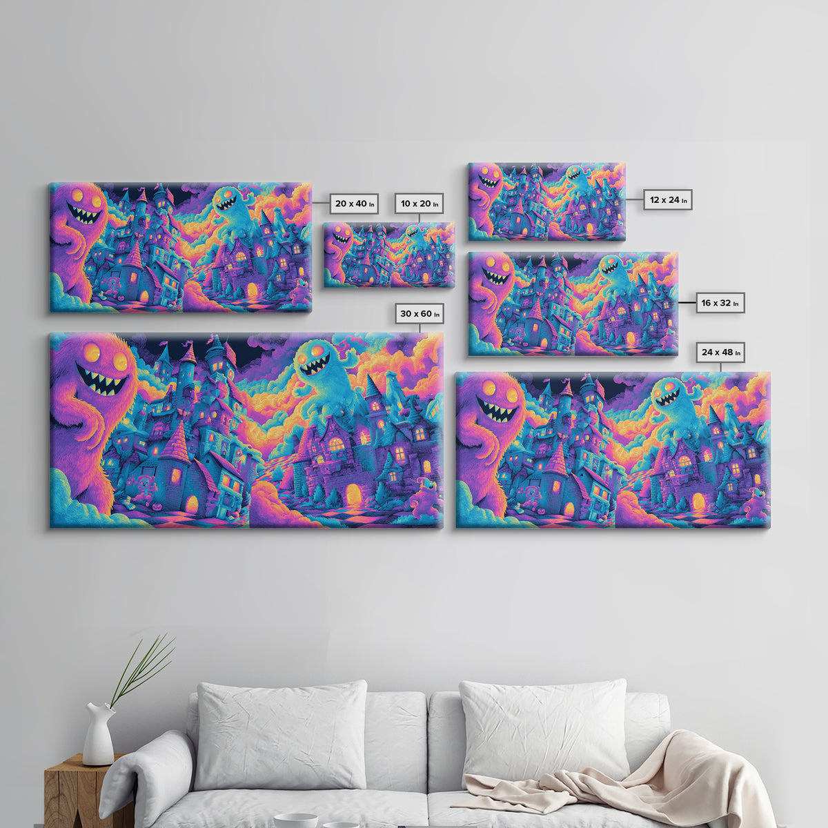 The Great Monster Pajama Party, Cute Spooky Neon Art, Wide Panoramic Art, Framed Canvas Print, Retro Halloween Decor, Neon Wall Art