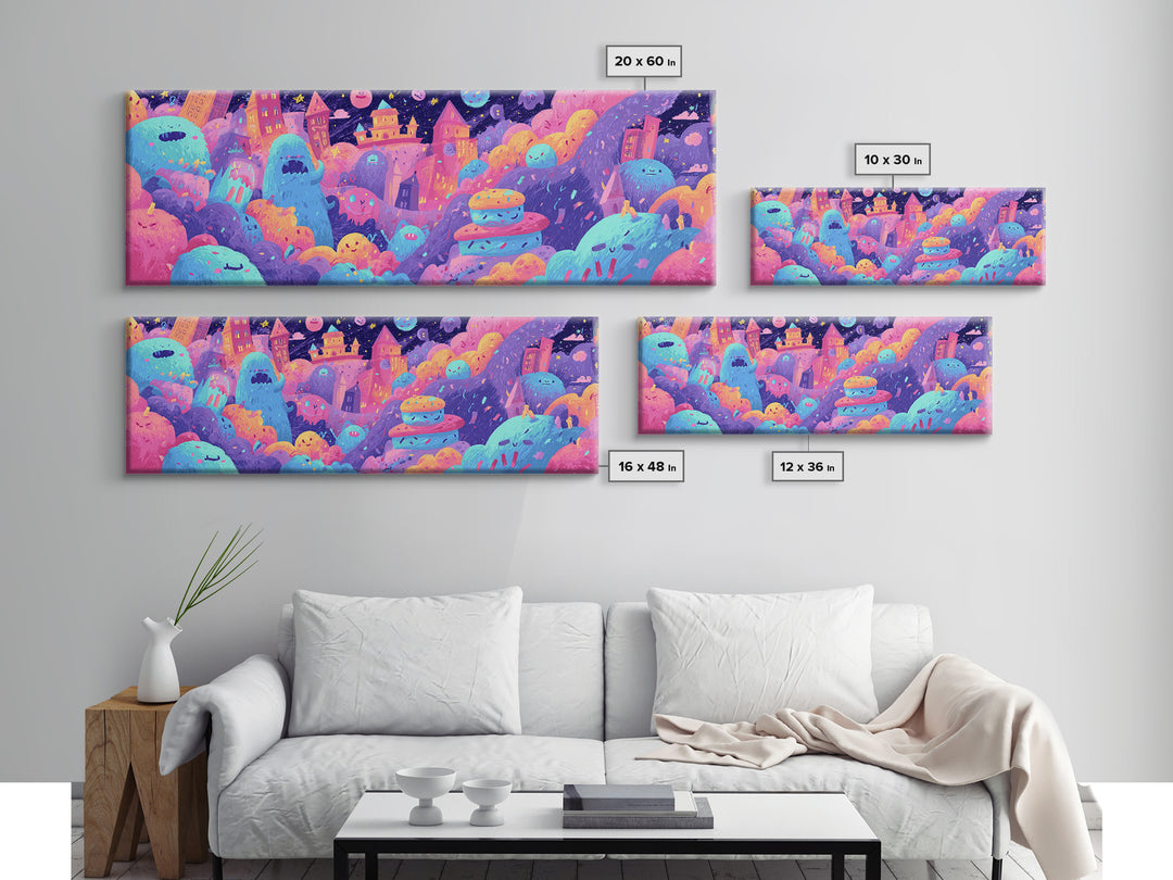 The Great Monster Pajama Party, Vaporwave Halloween Decor, Extra Wide Wall Art, Canvas Print, Retro Halloween Decor, Neon Wall Art