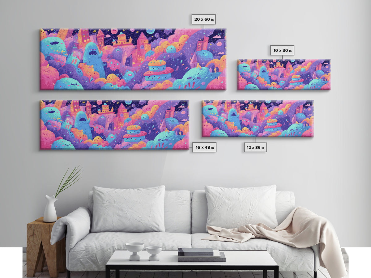 The Great Monster Pajama Party, Vaporwave Halloween Decor, Extra Wide Wall Art, Canvas Print, Retro Halloween Decor, Neon Wall Art