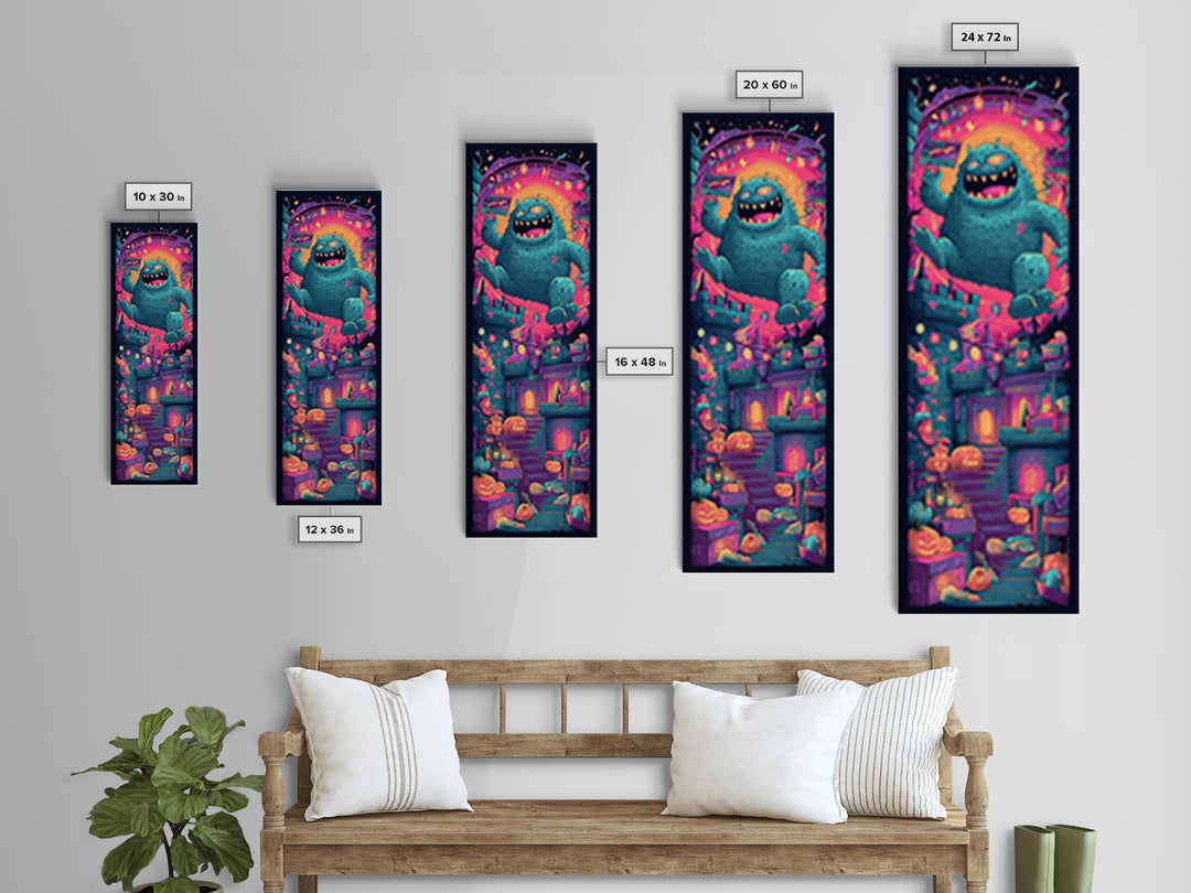 The Great Monster Pajama Party, Vaporwave Halloween Decor, Tall Narrow Wall Art, Canvas Print, Retro Halloween Decor, Neon Wall Art
