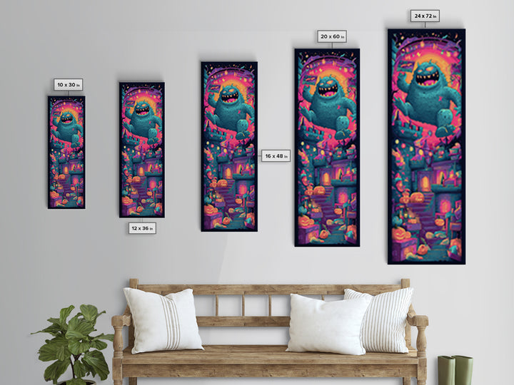 The Great Monster Pajama Party, Vaporwave Halloween Decor, Tall Narrow Wall Art, Canvas Print, Retro Halloween Decor, Neon Wall Art