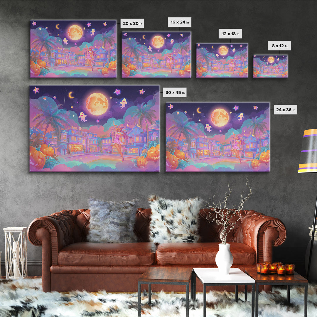 The Rainbow Halloween Night, 80s Halloween Wall Art, Landscape Wall Art, Canvas Print, Retro Halloween Decor, Neon Wall Art