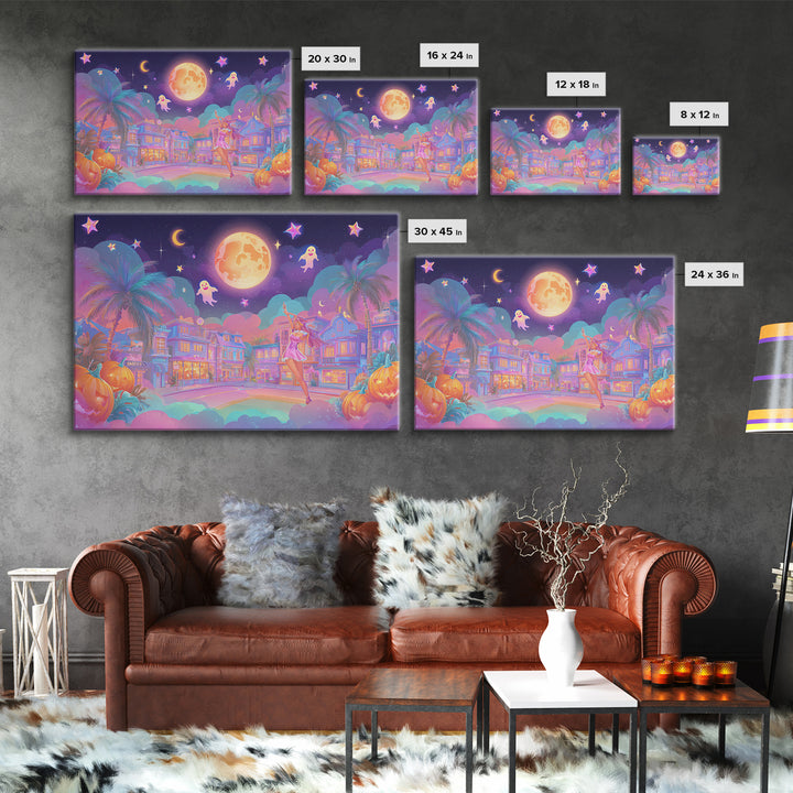 The Rainbow Halloween Night, 80s Halloween Wall Art, Landscape Wall Art, Canvas Print, Retro Halloween Decor, Neon Wall Art