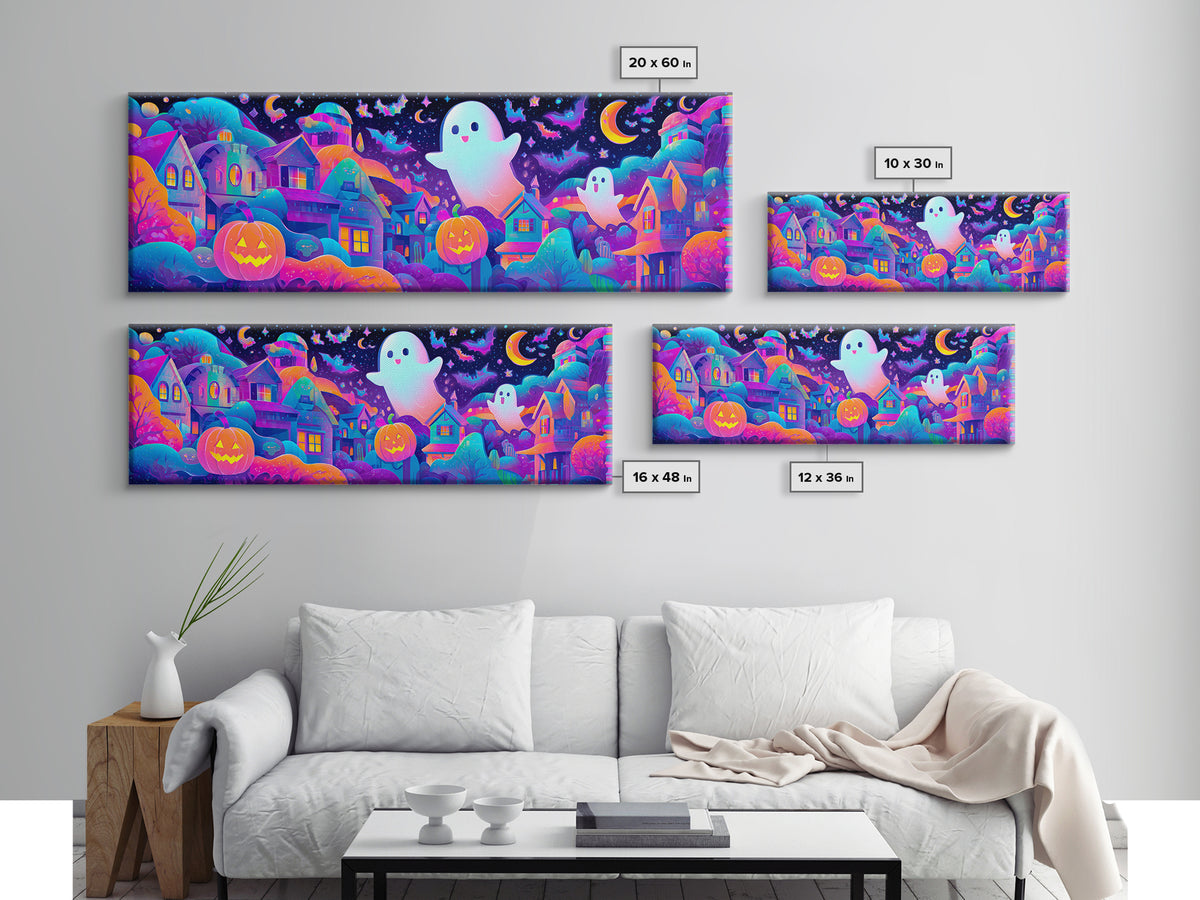 The Rainbow Halloween Night, Cute Spooky Neon Art, Extra Wide Wall Art, Canvas Print, Retro Halloween Decor, Neon Wall Art