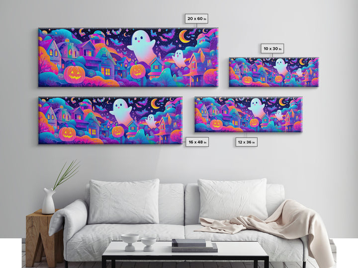 The Rainbow Halloween Night, Cute Spooky Neon Art, Extra Wide Wall Art, Canvas Print, Retro Halloween Decor, Neon Wall Art