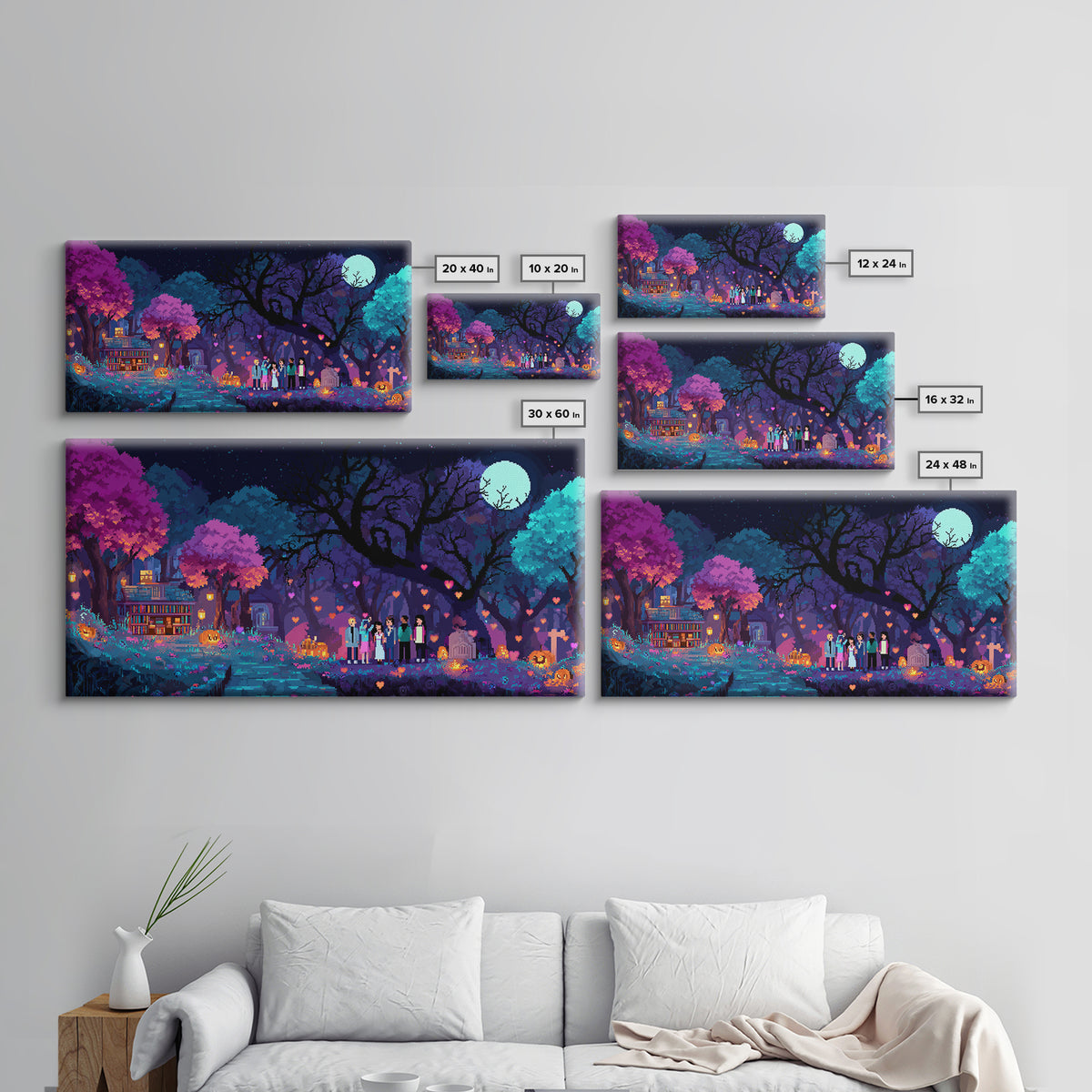 The Enchanted Halloween Library, Cute Spooky Neon Art, Wide Panoramic Art, Canvas Print, Retro Halloween Decor, Neon Wall Art