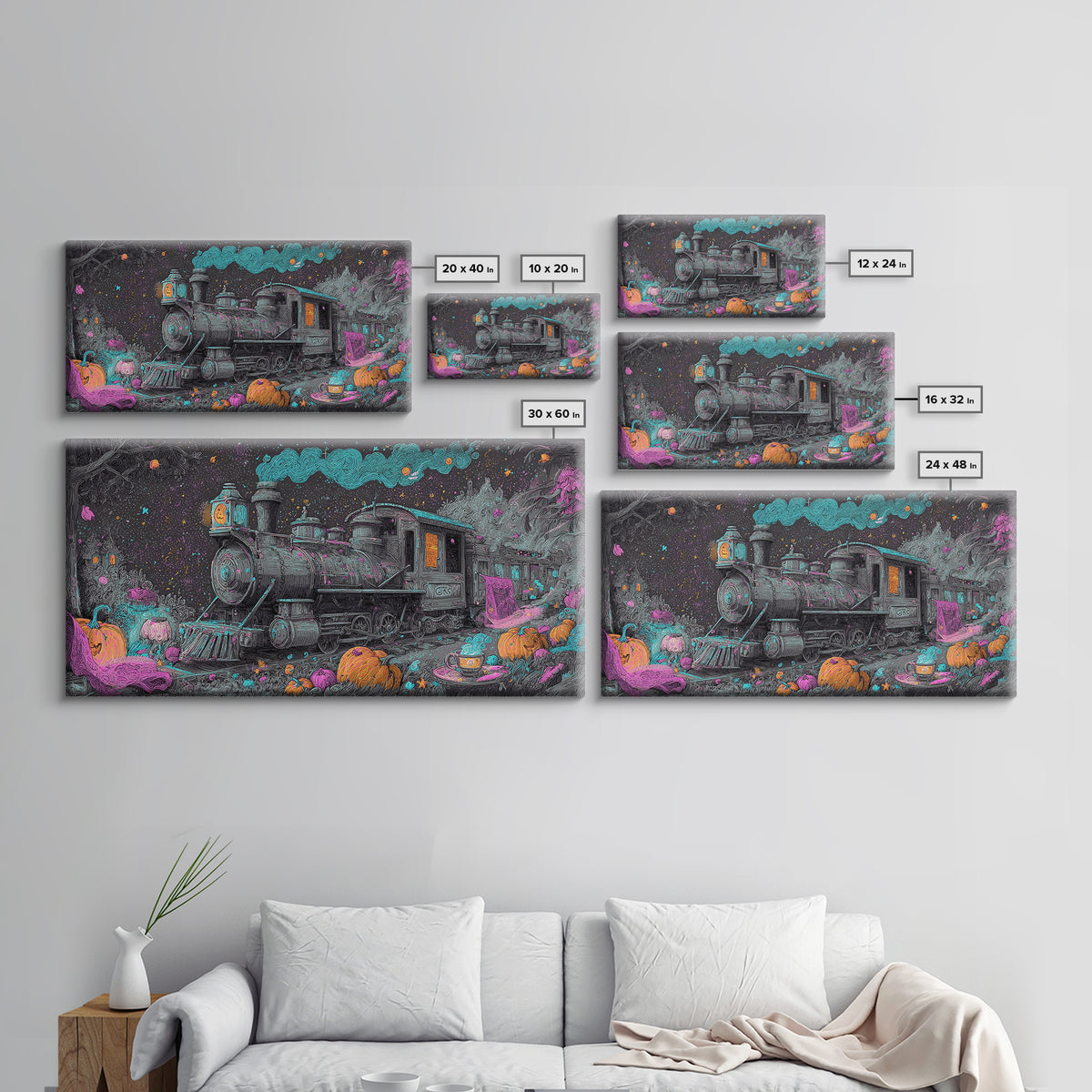 The Trick-Or-Treat Express, Synthwave Halloween Art, Wide Panoramic Art, Canvas Print, Retro Halloween Decor, Neon Wall Art