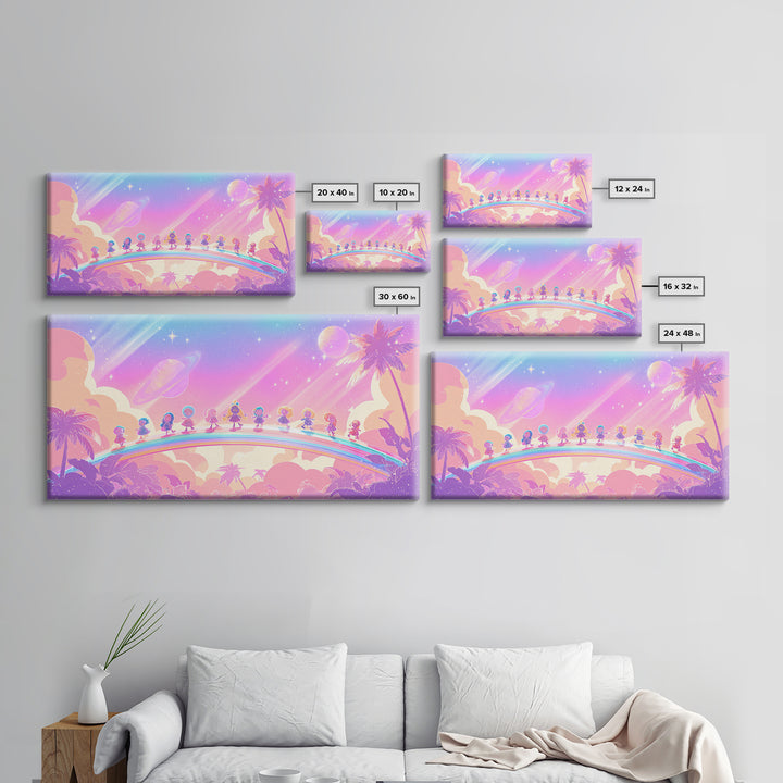 The Parade Across The Stars, Synthwave Halloween Art, Wide Panoramic Art, Framed Canvas Print, Retro Halloween Decor, Neon Wall Art