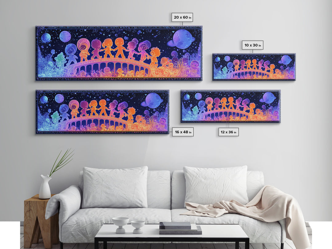 The Parade Across The Stars, Retro Neon Halloween Art, Extra Wide Wall Art, Framed Canvas Print, Retro Halloween Decor, Neon Wall Art
