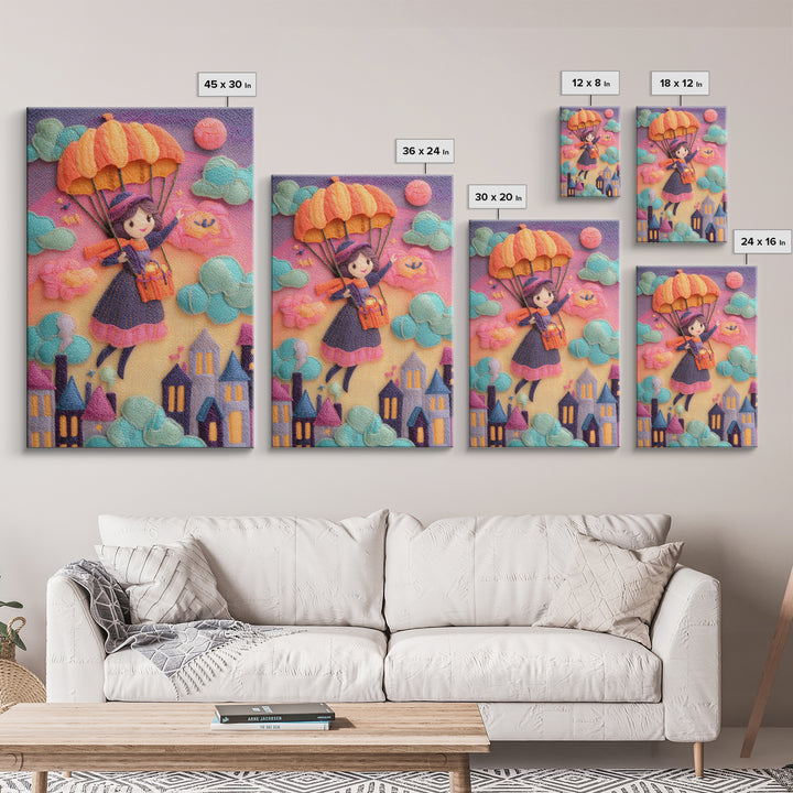 The Enchanted Umbrella Adventure, 80s Halloween Wall Art, Vertical Wall Art, Canvas Print, Retro Halloween Decor, Neon Wall Art