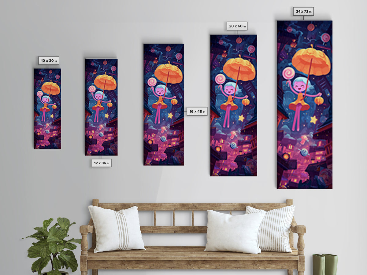 The Enchanted Umbrella Adventure, Vaporwave Halloween Decor, Tall Narrow Wall Art, Canvas Print, Retro Halloween Decor, Neon Wall Art