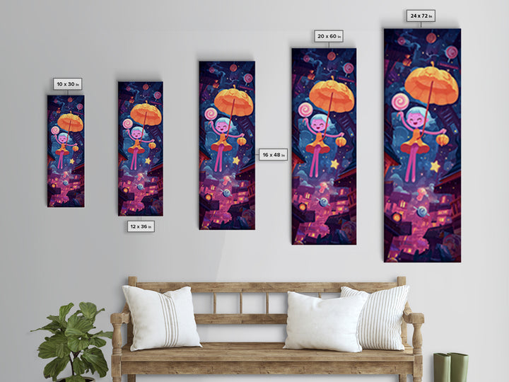 The Enchanted Umbrella Adventure, Vaporwave Halloween Decor, Tall Narrow Wall Art, Canvas Print, Retro Halloween Decor, Neon Wall Art