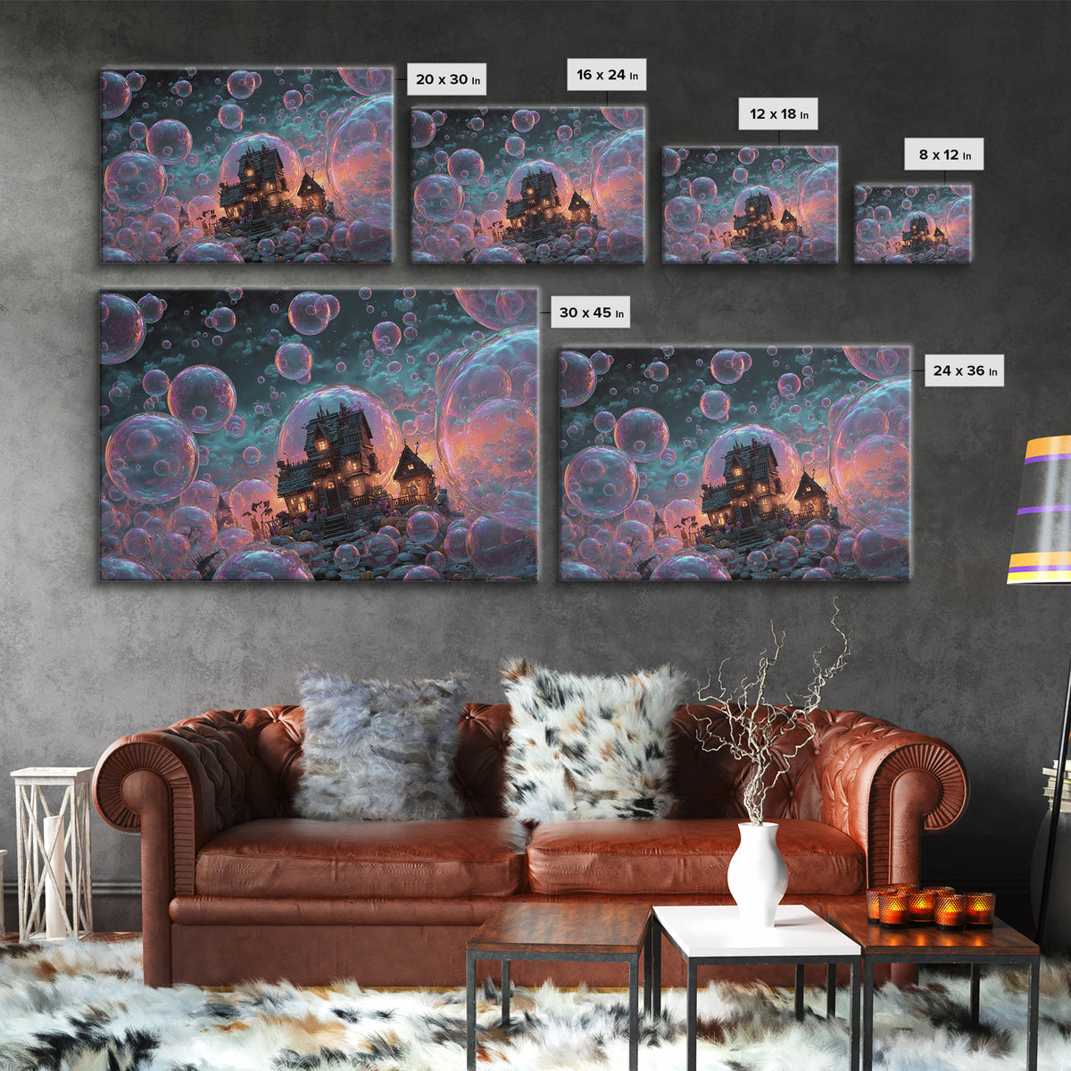 The Halloween Bubble Village, Synthwave Halloween Art, Landscape Wall Art, Framed Canvas Print, Retro Halloween Decor, Neon Wall Art