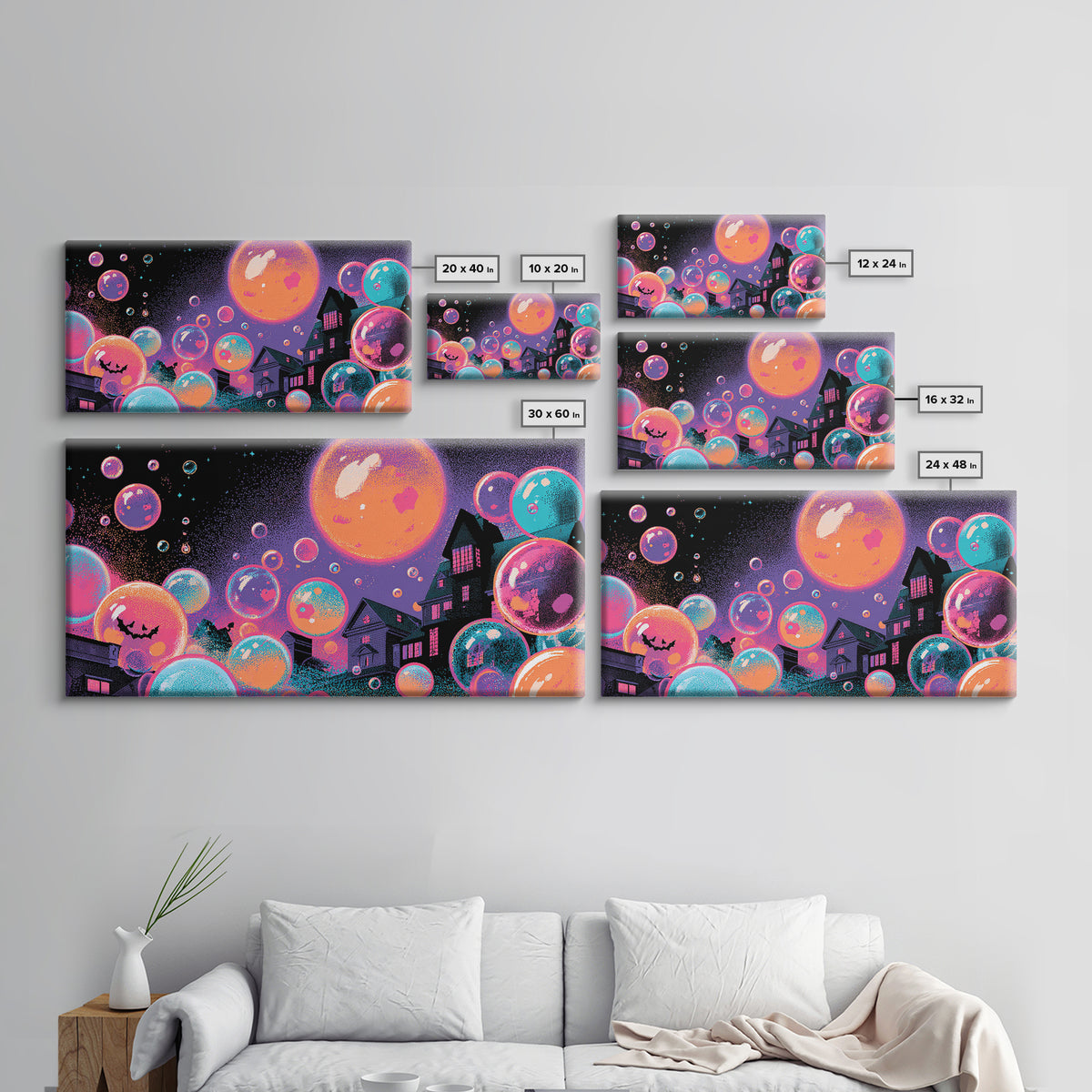 The Halloween Bubble Village, Synthwave Halloween Art, Wide Panoramic Art, Framed Canvas Print, Retro Halloween Decor, Neon Wall Art