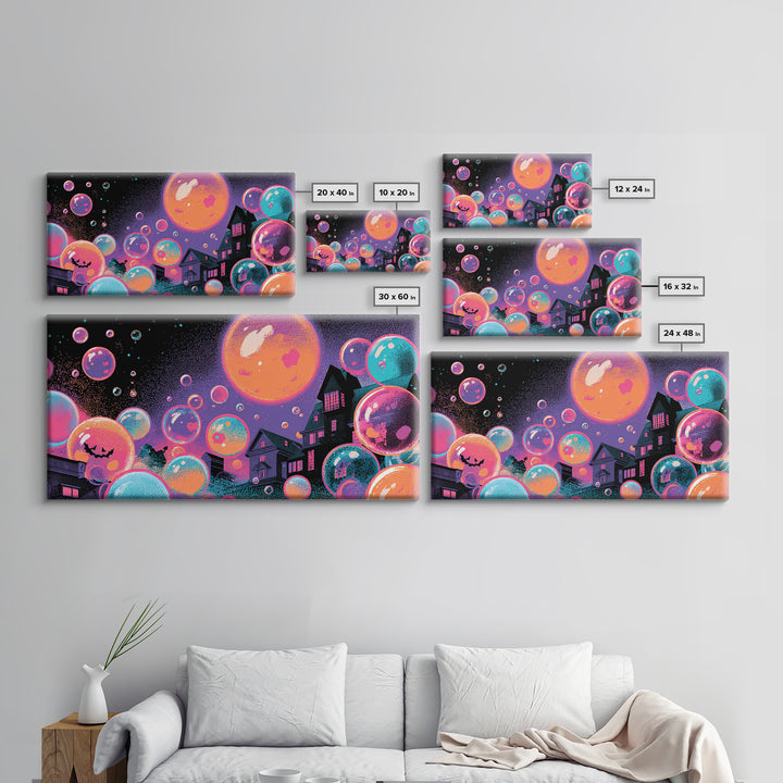 The Halloween Bubble Village, Synthwave Halloween Art, Wide Panoramic Art, Framed Canvas Print, Retro Halloween Decor, Neon Wall Art