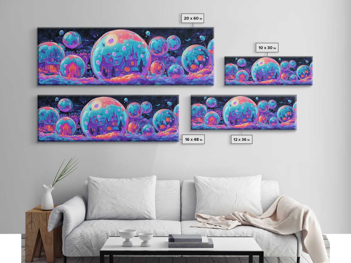 The Halloween Bubble Village, Cute Spooky Neon Art, Extra Wide Wall Art, Canvas Print, Retro Halloween Decor, Neon Wall Art