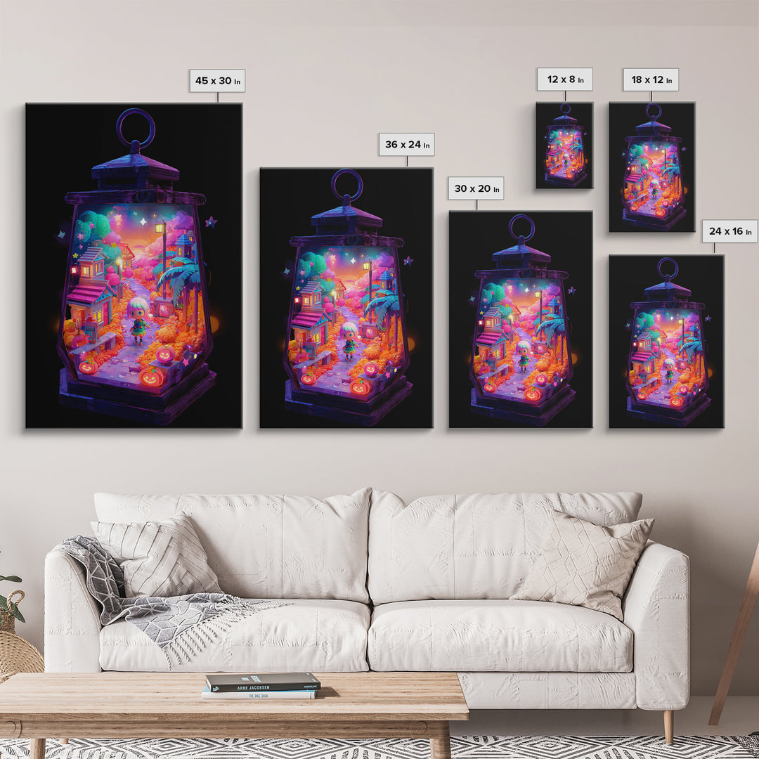 The World Inside A Lantern, Cute Spooky Neon Art, Vertical Wall Art, Canvas Print, Retro Halloween Decor, Neon Wall Art, Macabre Wall Art