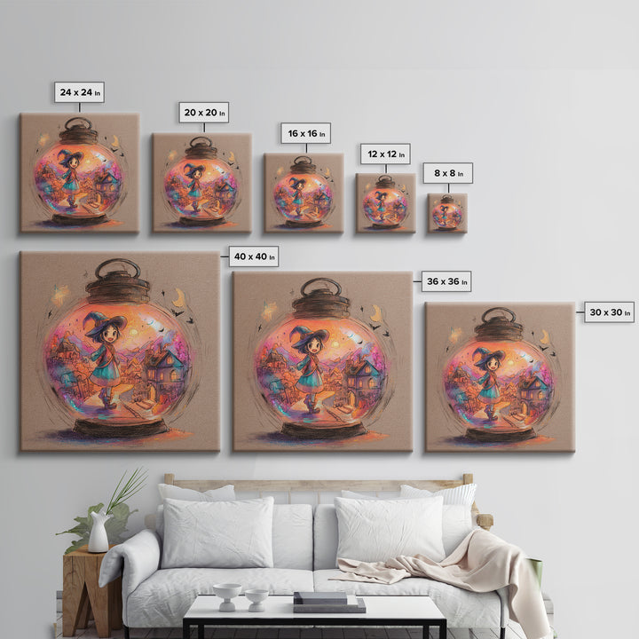 The World Inside A Lantern, Cute Spooky Neon Art, Square Wall Art, Framed Canvas Print, Retro Halloween Decor, Neon Wall Art